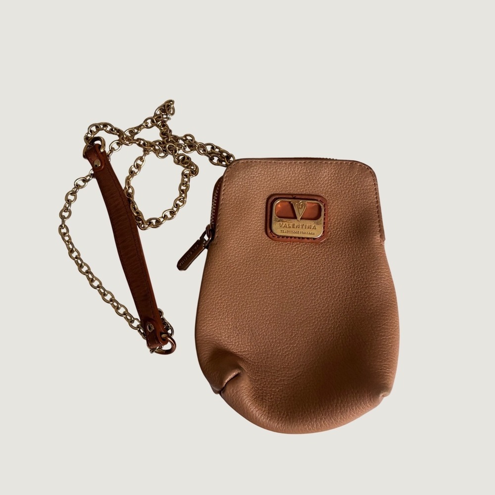 Valentina Tan Pebbled Leather Crossbody Bag Gold‎ Chain Strap Italian Made